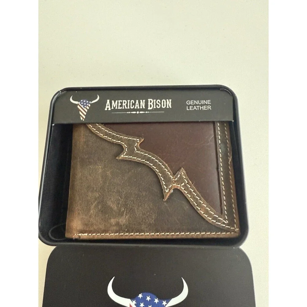 American Bison Men’s Brown Logo Genuine Leather Wallet Two Tone Materials